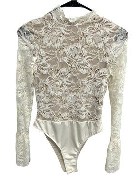 Cider XS White Lace Long Sleeve Bodysuit Sheer High Neck Fairycore Coquette